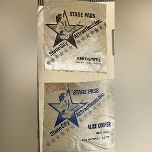 2 vintage authentic backstage passes, Aerosmith ‘76, Alice Cooper ‘77